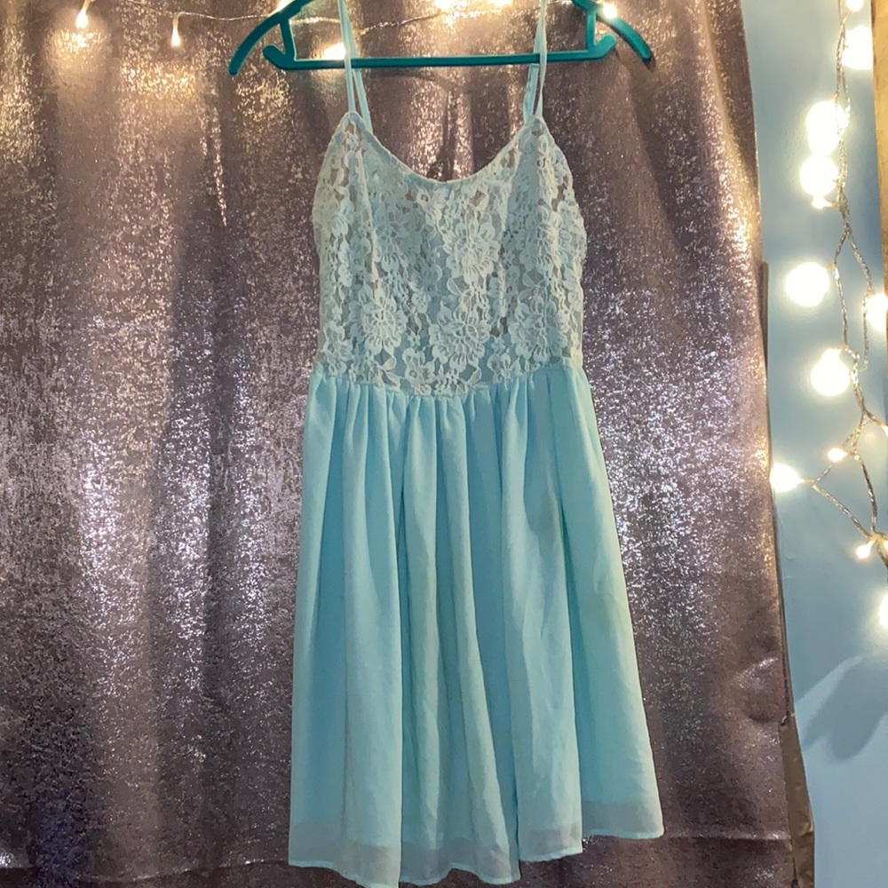 Mint Green Dress with lace, see through top